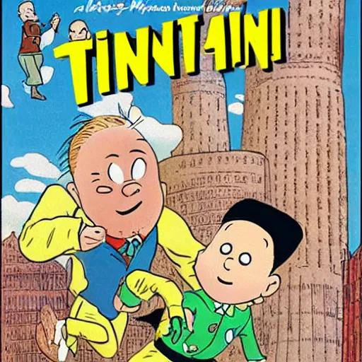 Image similar to comic cover of tintin and snowy in kazakhstan with borat