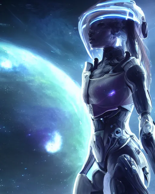 Prompt: photo of a android girl on a mothership, warframe armor, beautiful face, scifi, nebula, futuristic background, galaxy raytracing, masterpiece, ethereal, beauty, ponytail haircut, blue cyborg eyes, cosmic wind, flow state, 8 k high definition, insanely detailed, intricate, innocent, art by akihiko yoshida, antilous chao, woo kim