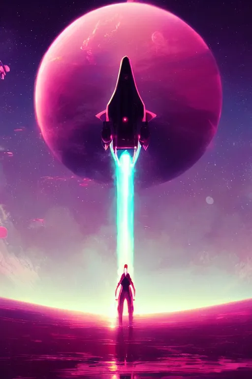 Image similar to spaceship in front of a pink planet, art by guweiz, dramatic lighting, highly detailed, incredible quality, trending on artstation