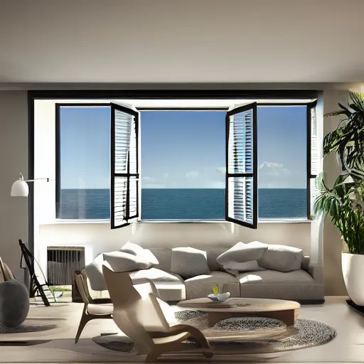 Image similar to modern interior home design, living room with window facing the sea and sun, photorealistic, ultra-detailed, HDR, high resolution