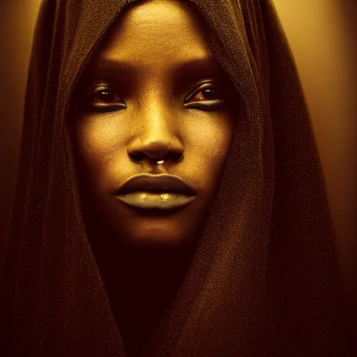 Prompt: a portrait of a young black woman wearing a long dark cloak, hood and shadows covering face, anatomically correct, beautiful face, enigmatic, oil painting, matte painting, black background, Volumetric Golden dappled dynamic lighting, Highly Detailed, Cinematic Lighting, Unreal Engine, 8k, HD, by Beksinski