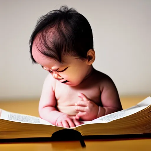 Image similar to baby with a beard crying reading a book