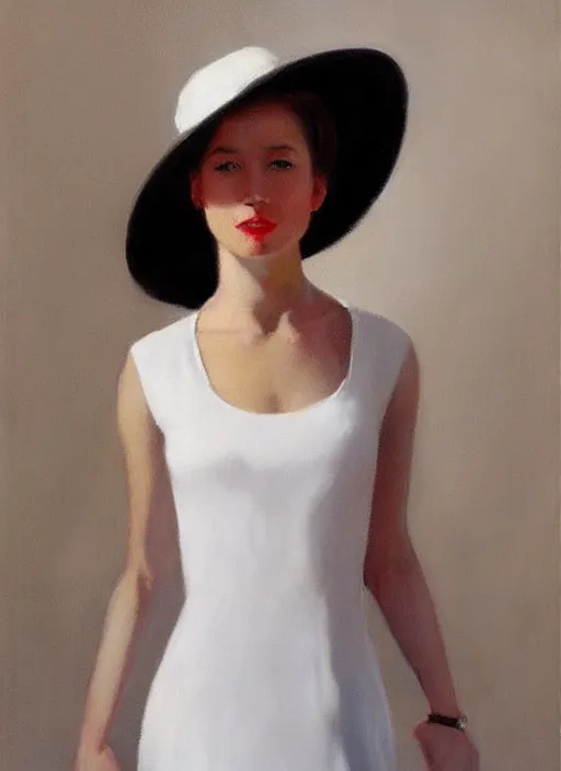 Image similar to a portrait of an beautiful happy young girl in a white dress wearing a hat, highly detailed, dramatic lighting, intense shadows, rich deep colours, by jack vettriano