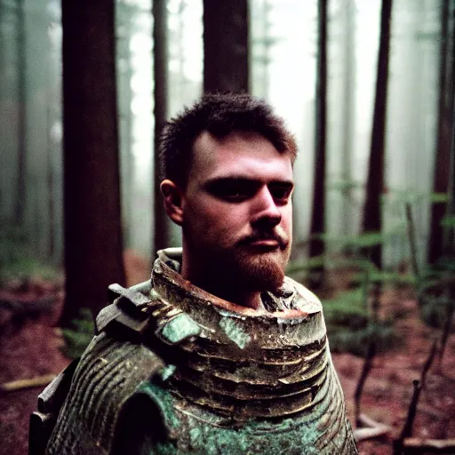 Image similar to close up kodak portra 4 0 0 photograph of a roman legimeer after the battle standing in dark forest, moody lighting, telephoto, 9 0 s vibe, blurry background, vaporwave colors, faded