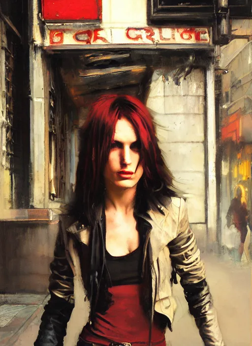 Image similar to androgynous glam rocker outside cbgb in the style of phil hale, sfumato Orientalist portrait by john william waterhouse and James Gurney and Theodore Ralli and Nasreddine Dinet, Syd Mead, Phil Hale, oil on canvas. Cinematic, hyper realism, realistic proportions, dramatic lighting, high detail 4k