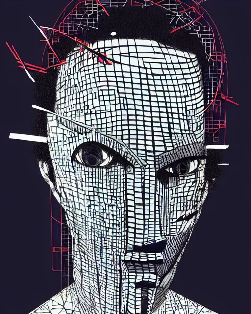 Prompt: a cyberpunk portrait of a mask by jean - michel basquiat, by hayao miyazaki by artgerm, highly detailed, sacred geometry, mathematics, snake, geometry, cyberpunk, vibrant, water