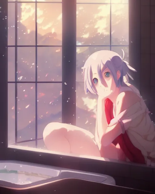 Image similar to a beautiful photo of a girl sitting in a bath robe watching the world outside her window burn ， by makoto shinkai an krenz cushart