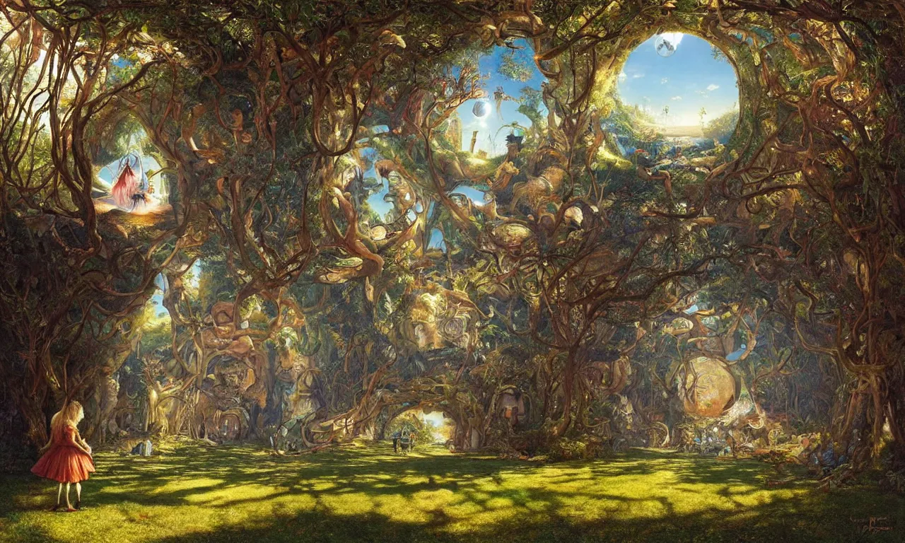 Prompt: the eye of sight falling down the rabbit hole of alice in wonderland, art by james gurney and greg rutkowski and rene magritte, surrealism by salvador dali, very detailed, high resolution, symmetry, volumetric lighting