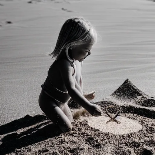 Image similar to little blond girl, making a sandcastle!!! on an Australian Beach, red!!! sand, golden hour, Canon EOS R3, f/1.4, ISO 200, 1/160s, 8K, RAW, unedited, symmetrical balance, in-frame