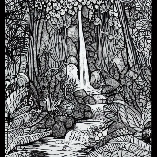 Prompt: an adult coloring page of a waterfall in the enchanted forest