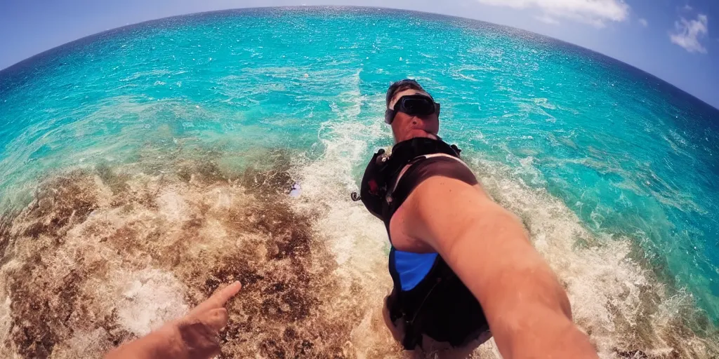 Image similar to gopro footage of a man walking into the ocean, azure blue water, slight grain