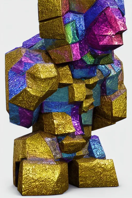 Image similar to a multicolored bismuth golem, an abstract sculpture by ryusei kishida, polycount, crystal cubism, angular, iridescent, made of crystals : : extremely high details, masterpiece, photorealistic, hyperrealism, vray, octane render, volumetric lighting, depth of field, bokeh, artstation, cgsociety