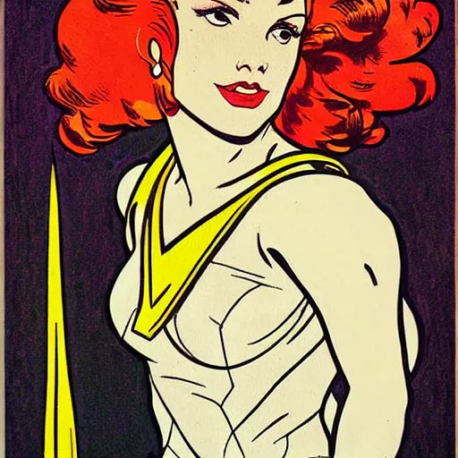 Image similar to a woman with red hair. she is a superhero, wearing a superhero costume. well composed, clean elegant painting, beautiful detailed face. retro comic book art by steve ditko and jack kirby and ( alphonse mucha )