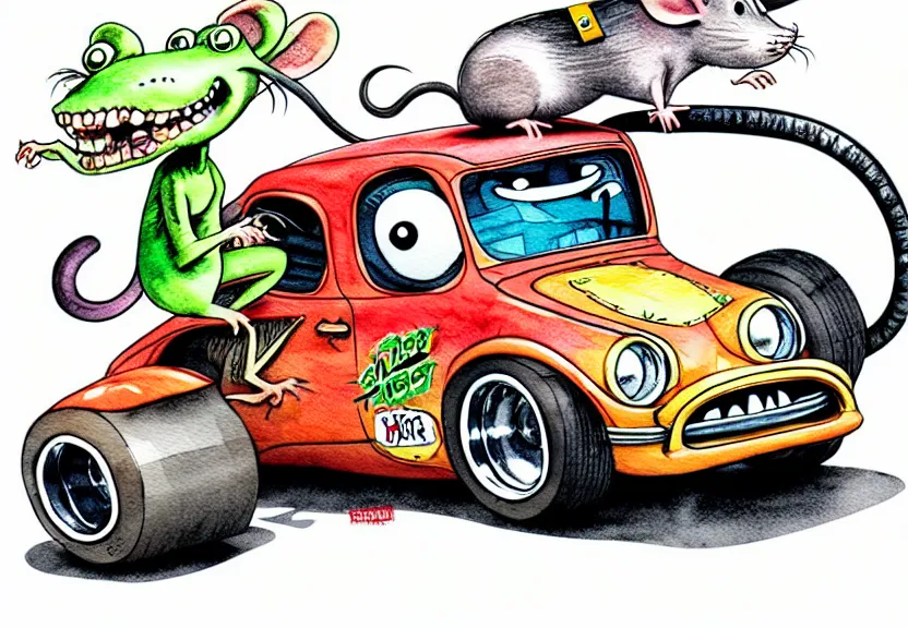 Image similar to cute and funny, rat riding in a tiny hot rod coupe with oversized engine, ratfink style by ed roth, centered award winning watercolor pen illustration, isometric illustration by chihiro iwasaki, edited by range murata