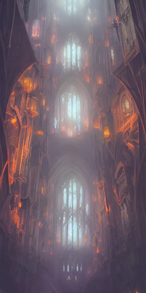 Prompt: infeior Gothic architecture,concept art, digital painting, style of jordan grimmer, warm lighting, futuristic, volumetric lighting, view from below, vivid colours, bright, nighttime, godrays, cinematic,high detail