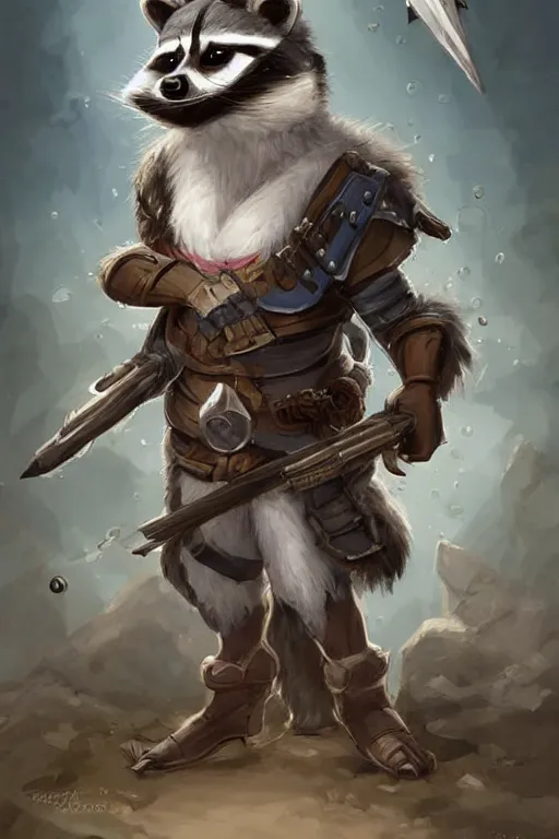 Prompt: cute anthropomorphic Raccoon knight wearing a cape and a crown and holding a sniper, tiny, small, short, pale blue armor, cute and adorable, pretty, beautiful, DnD character art portrait, matte fantasy painting, DeviantArt Artstation, by Jason Felix by Steve Argyle by Tyler Jacobson by Peter Mohrbacher, cinematic lighting