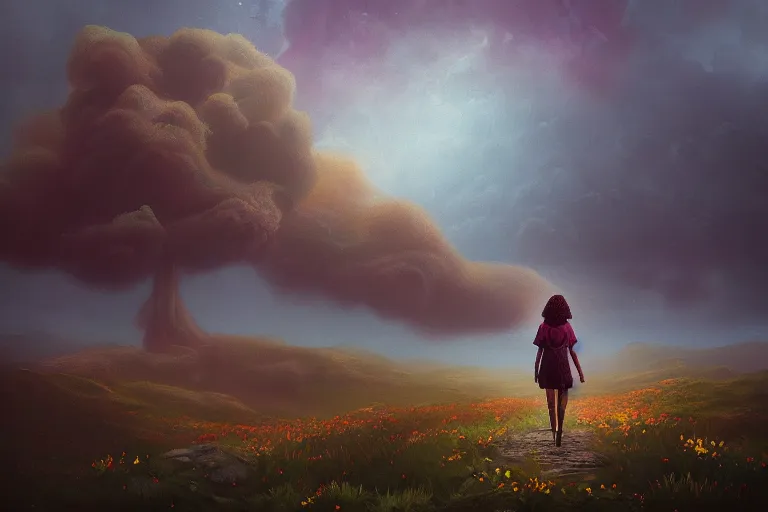 Image similar to giant dahlia flower as a head, girl walking on mountain, surreal photography, stars, dramatic light, impressionist painting, storm clouds, digital painting, artstation, simon stalenhag