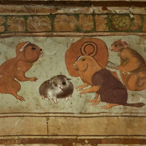 Prompt: ancient roman mural of guinea pigs eating lettuce