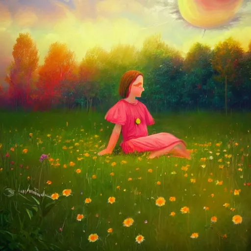 Prompt: giant daisy flower head, girl sitting in a flower field, surreal photography, sunrise, dramatic light, impressionist painting, colorful clouds, digital painting, artstation, simon stalenhag