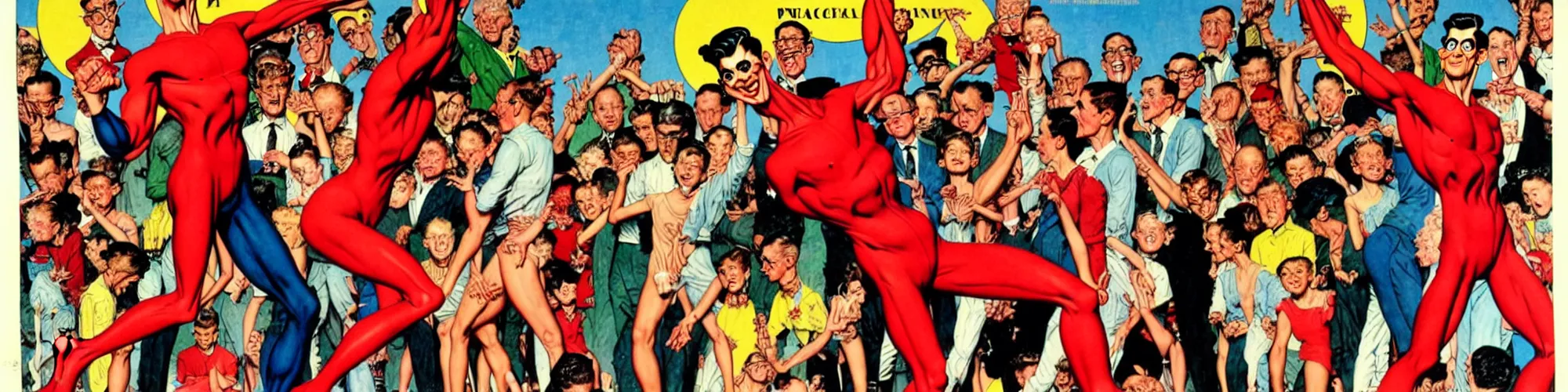 Image similar to plasticman showing off his weird limbs illustrated by norman rockwell with very long hands and arms and fingers and legs and feet twirling and twisting around at a very sunny park in a very crowded city with people looking surprised and stunned, funny, silly