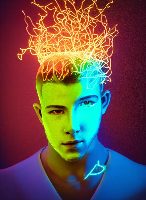 Image similar to photo of baroque and bladerunner delicate neon emerald sculpture of seductive prince nick jonas tigers orange iridescent humanoid deity wearing metallic jungle leaves holding the sun prismatic dungeon, glowing rainbow face, crown of white diamonds, cinematic lighting, photorealistic, octane render 8 k depth of field 3 d