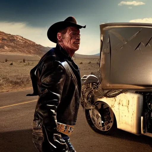 Image similar to a terminator android dressed as a cowboy, 8 k, movie still, high detail