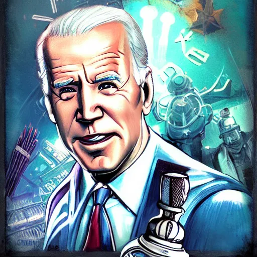 Image similar to joe biden bioshock big daddy, bioshock screenshot lovecraftian fan art, swimming, patriot, artgerm