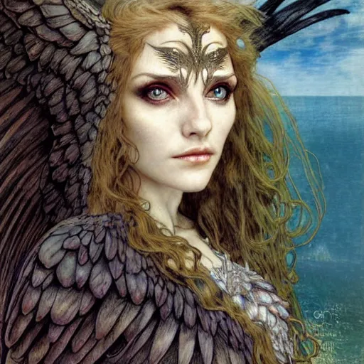 Image similar to head and shoulders portrait of a winged harpy, d & d, fantasy, luis royo, magali villeneuve, donato giancola, wlop, krenz cushart, hans zatka, klimt, alphonse mucha