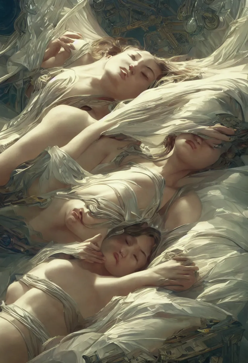 Prompt: futuristic ai machine god sleeping. extremely high fidelity, 8 k, super resolution, cinematic view, super resolution, epic, hyperdetailed, digital painting, artstation, concept art, smooth, sharp focus, octane render, dramatic lighting, art by artgerm and greg rutkowski and alphonse mucha and wlop