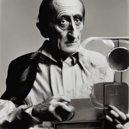 Image similar to Kodachrome portrait of Marcel Duchamp with an technologival machine, archival pigment print in the style of Hito Steyerl, studio shooting, contemporary art