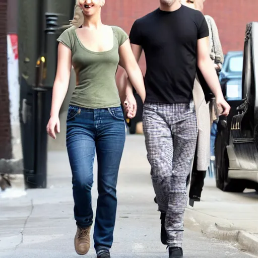 Image similar to Jennifer Lawrence and Jennifer Lawrence walking down the street, holding hands, smiling,