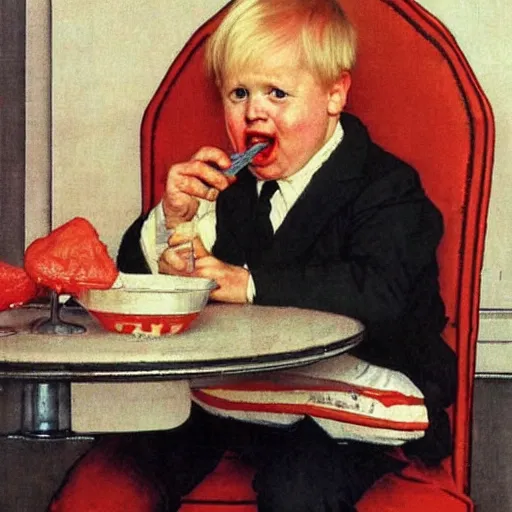 Prompt: Boris Johnson as a child eating a lollipop by Norman Rockwell