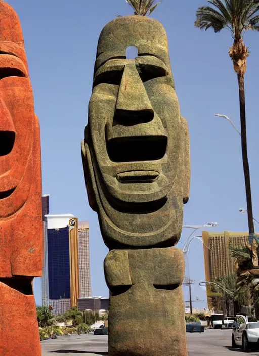 Image similar to legions of moai levitating over las vegas casinos in the style of alex grey