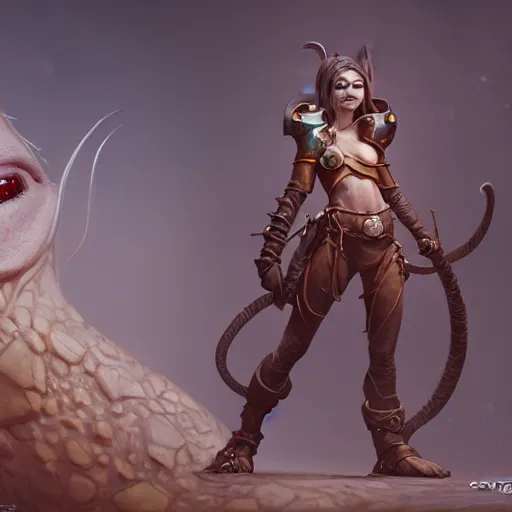 Image similar to a female rat girl with seductive smile, wears a chees armor, by greg rutkowski, design for magic the gathering, highly detailed, octane render, 4 k