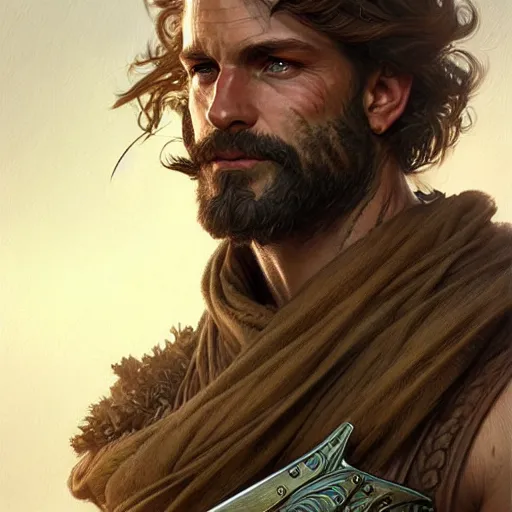 Image similar to Portrait of rugged male ranger, D&D, muscular, fantasy, intricate, elegant, highly detailed, digital painting, artstation, concept art, smooth, sharp focus, illustration, art by artgerm and greg rutkowski and alphonse mucha