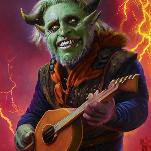 Image similar to detailed photo of a orc bard portrayed by gigachad Gary Busey playing a lute, 8k,by Tristan Eaton, Stanley Artgermm, Tom Bagshaw, Greg Rutkowski, Carne Griffiths, trending on DeviantArt, face enhance, hyper detailed ,full of color, dramatic lightning, epic stance