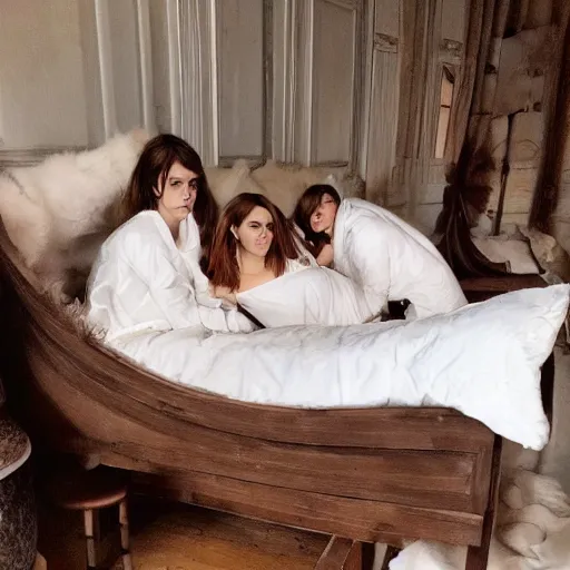 Image similar to emma watson and her friends sleeping in a bunch of cozy beds