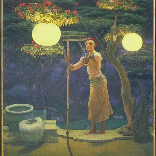 Image similar to Old African gardener cutting bonsai trees, gray hair, idyllic Garden, by Annie Swynnerton and Nicholas Roerich and jean delville, glowing paper lanterns, strong dramatic cinematic lighting , ornate tiled architecture, lost civilizations, smooth, sharp focus, extremely detailed