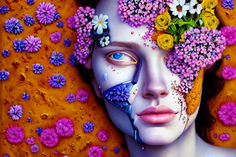 Prompt: hyperrealism, portrait of a young beautiful cyborg melting mixed with flowers in desert, in style of classicism