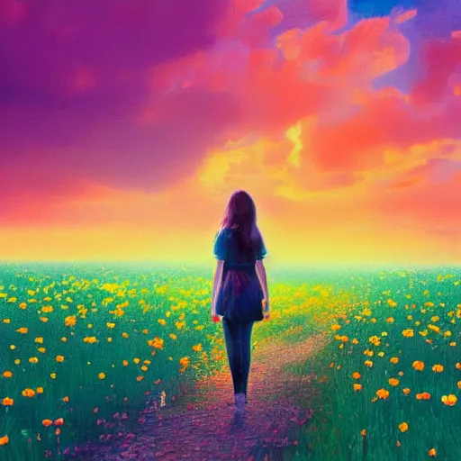 Image similar to many daisy flowers as a head, full body, girl walking in a flower field, surreal photography, sunrise dramatic light, impressionist painting, colorful clouds, digital painting, artstation, simon stalenhag, flower face