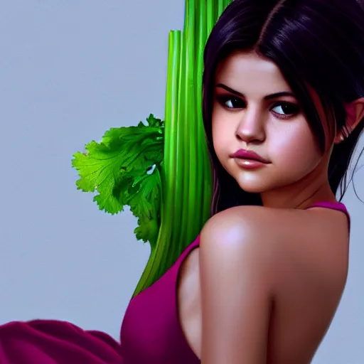 Prompt: photorealistic digital painting of selena gomez as celery, hd, artstation, 4 k wallpaper