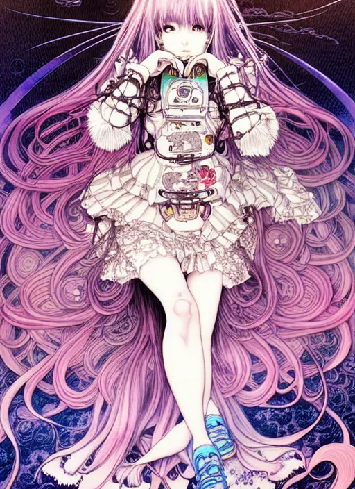 Prompt: highly detailed terada katsuya artstation artgerm manga poster of cat girl mechine, rainbow gradient reflection, ayami kojima, long hair, armor, dress, laces, ruffles, 8 k, maximalist, takato yamamoto