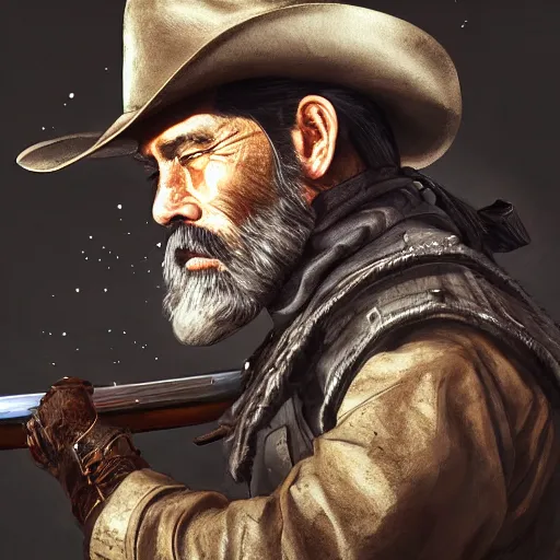 Image similar to cowboy with a katana striking an action pose, old, white beard, wrinkles, handsome, action pose, katana, profile, intricate, detailed, volumetric lighting, scenery, digital painting, highly detailed, artstation, sharp focus, illustration, concept art, ruan jia, steve mccurry