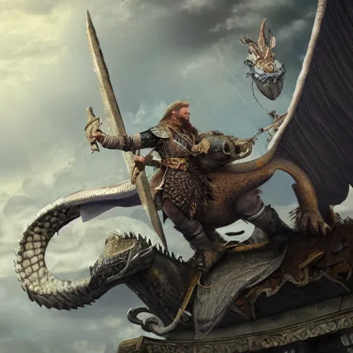 Prompt: a viking flies aboard a dragon holding the severed head of donald trump, over the white house, highly detailed, 8 k