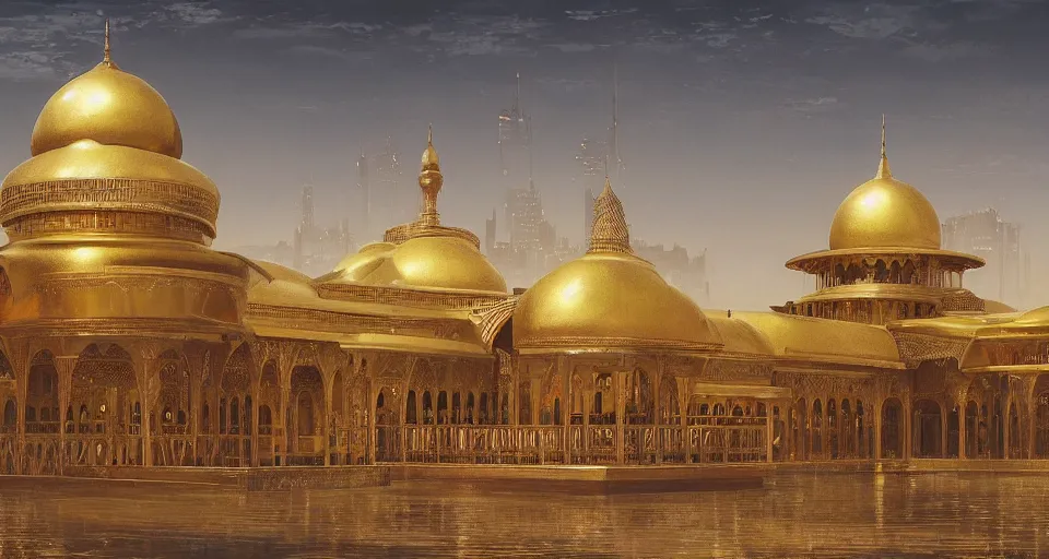 Prompt: a futuristic cyberpunk golden palace with arabian architecture by Lee Madgwick