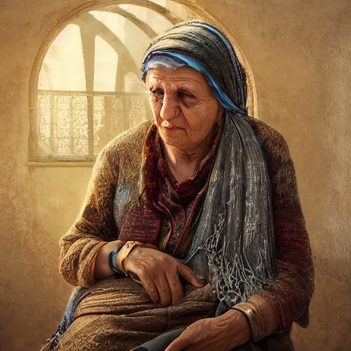 Image similar to hyperrealistic mixed media high resolution image of a beautiful Kurdish grandmother, stunning 3d render inspired art by István Sándorfi and Greg Rutkowski and Unreal Engine, perfect symmetry, dim volumetric lighting, 8k octane beautifully detailed render, post-processing, extremely hyper-detailed, intricate, epic composition, highly detailed attributes, highly detailed atmosphere, full body shot, cinematic lighting, masterpiece, trending on artstation, very very detailed, masterpiece, stunning, flawless structure, lifelike texture, perfection,