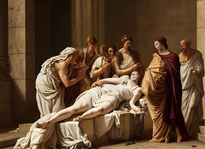 Image similar to this sorrowful picture illustrates the poignant death of lucretia which led to a revolt that overthrew the monarchy and established the republic of rome. hyperrealism, intricate details, trending on artsation