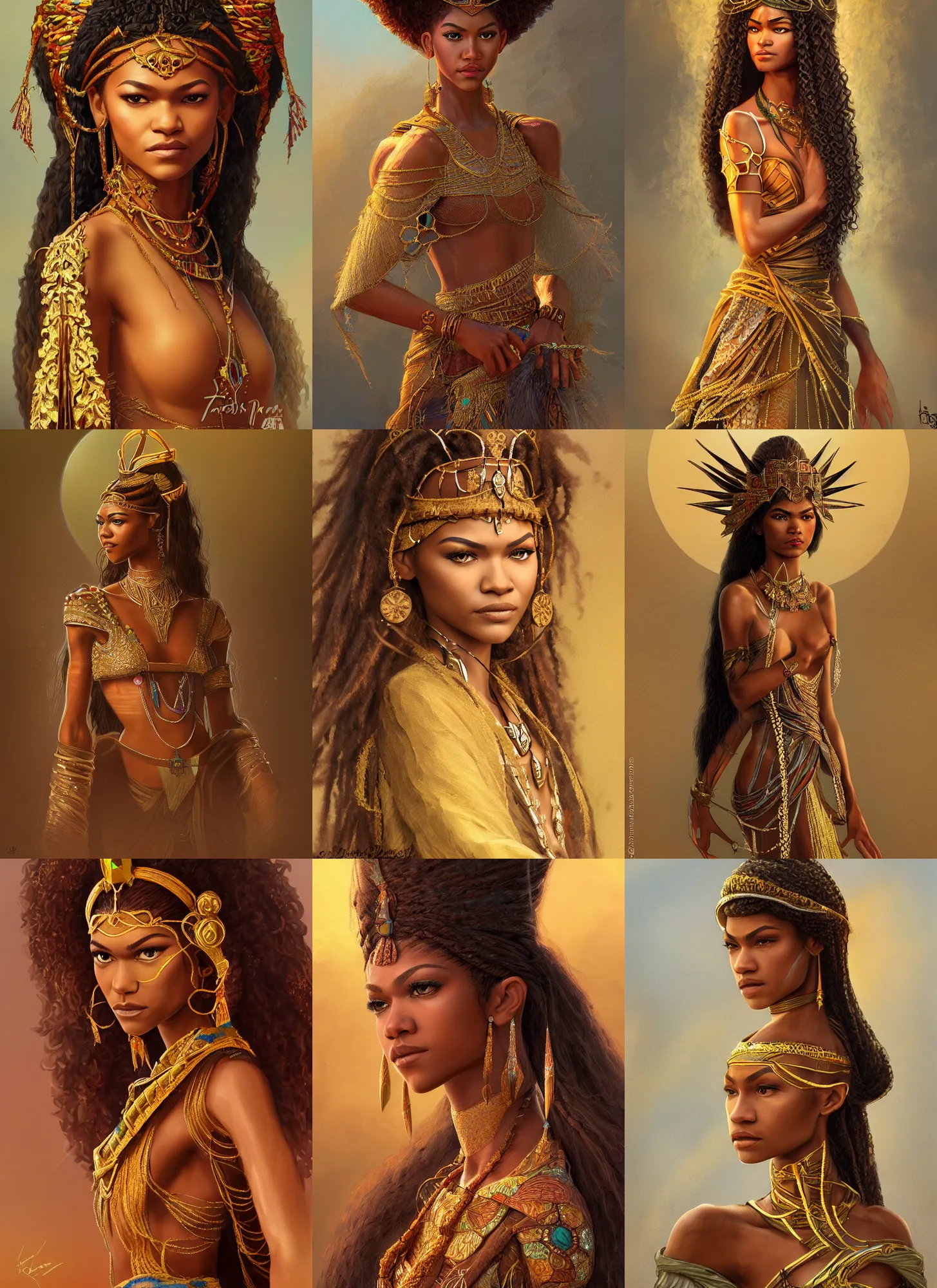 Prompt: zendaya as ethiopian princess, intricate, elegant, highly detailed, digital painting, artstation, concept art, smooth, sharp focus, illustration rutkowski orientalism