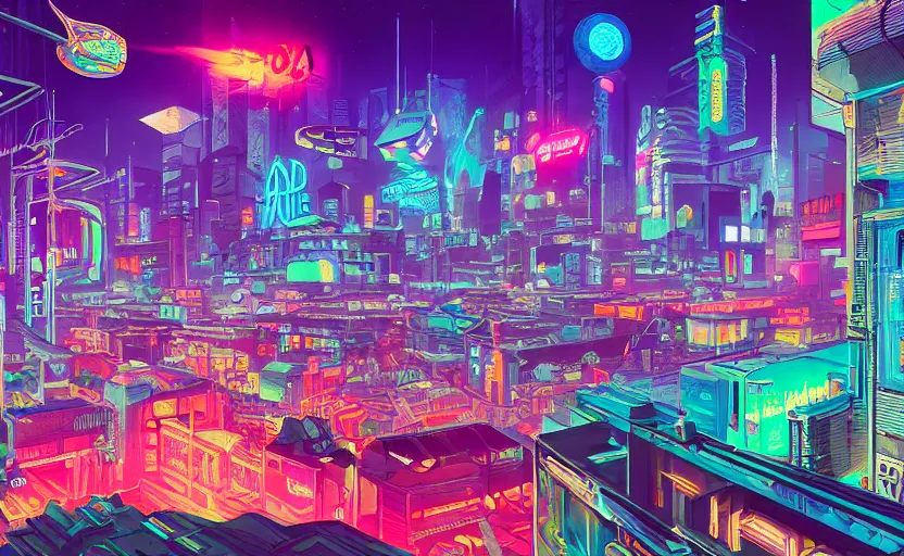 Image similar to Wide angle shot of a cyberpunk city with neon lights and holographic fishes floating in the sky by James Gilleard, Mark Ryden, Wolfgang Lettl highly detailed