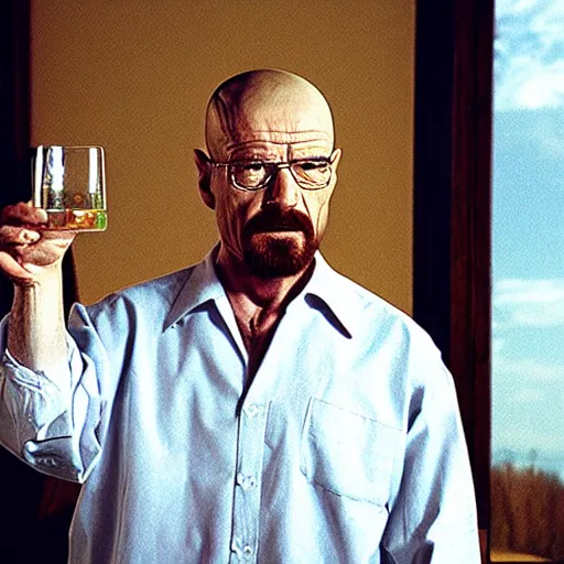 Prompt: walter white holding a glass of white liquid